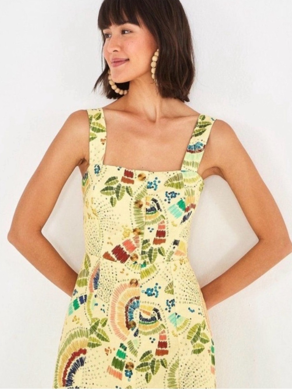 Farm Rio Colorful Bird Yellow Printed Mini Dress Size Small